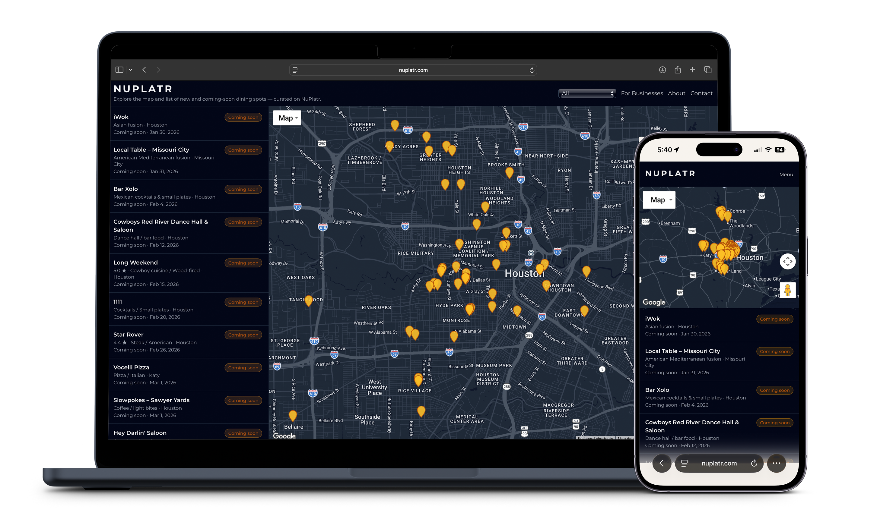 Map and list view of new and coming-soon restaurants and bars.